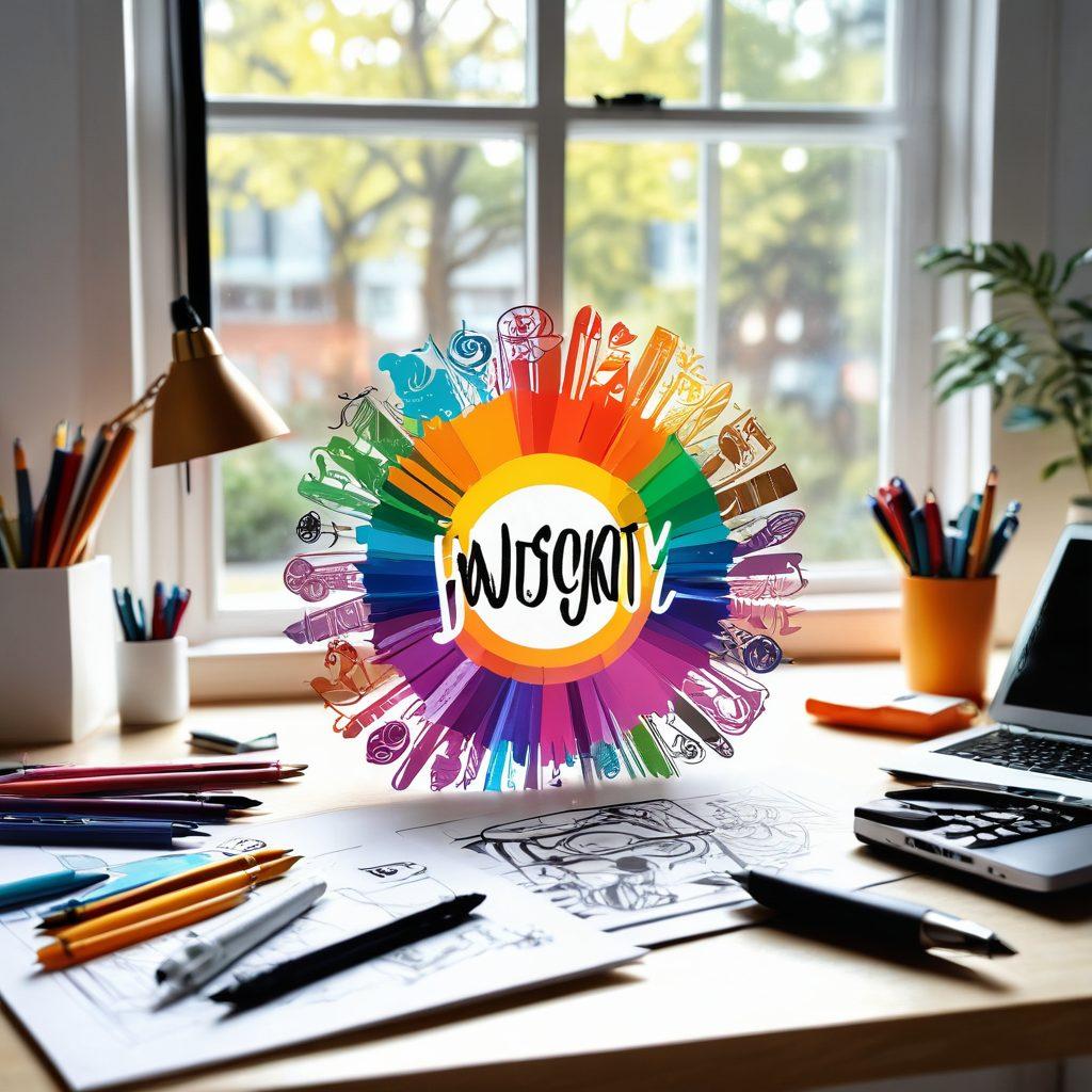 A vibrant and colorful workspace filled with sketches of playful and unique logo designs, featuring various design tools like pens, markers, and a graphic tablet, alongside joyful expressions of designers brainstorming. Bright sunlight streaming through a window to symbolize creativity and inspiration. An abstract representation of brand identity elements floating around, showcasing diversity in logos. super-realistic. vibrant colors. white background.