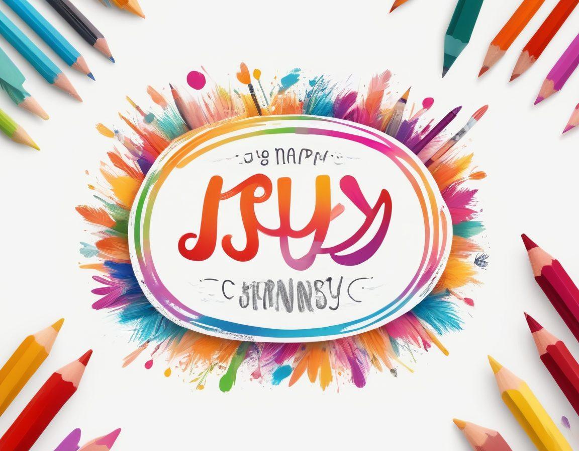 A vibrant and whimsical logo design workspace filled with bright colors, playful sketches, and inspirational quotes about joy. Include whimsical elements like colorful pencils, quirky characters, and smiling faces floating around. Showcase a digital tablet displaying a cheerful logo in the center, surrounded by creative chaos. The atmosphere should feel lively and joyful, inviting creativity. vector art. vibrant colors. white background.
